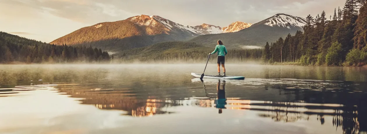 Paddle boarder on calm Lake Dillon in the morning