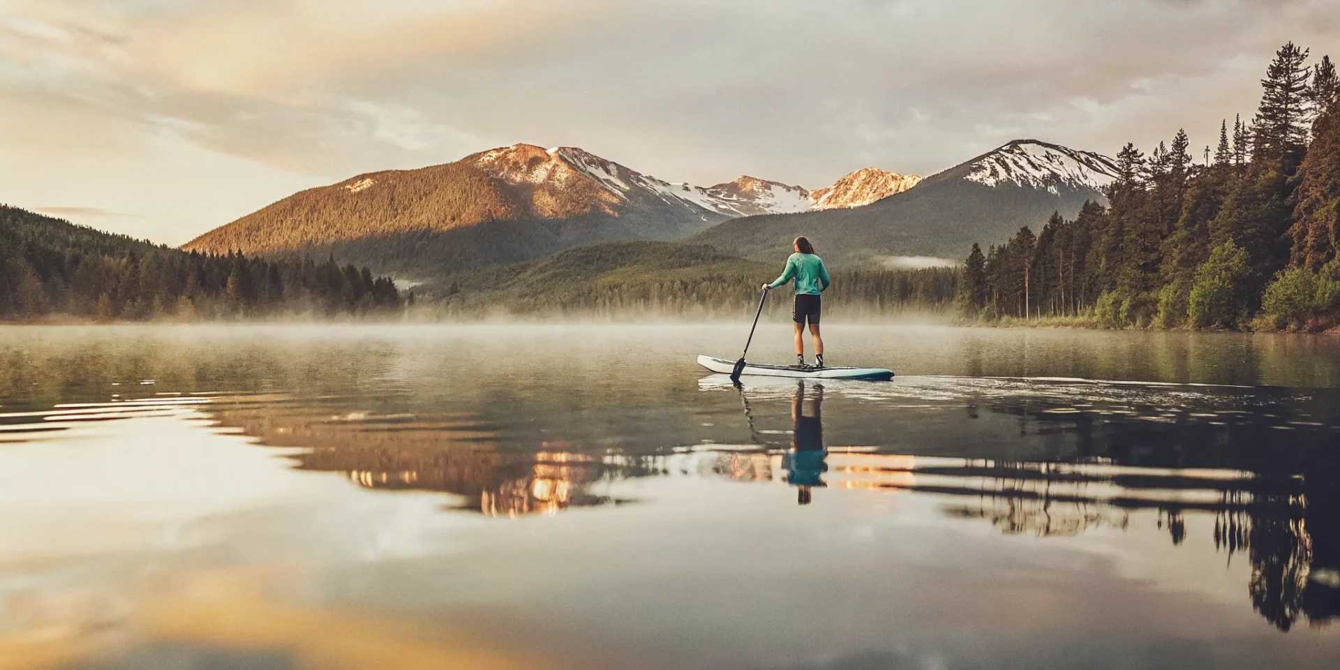 Paddle boarder on calm Lake Dillon in the morning