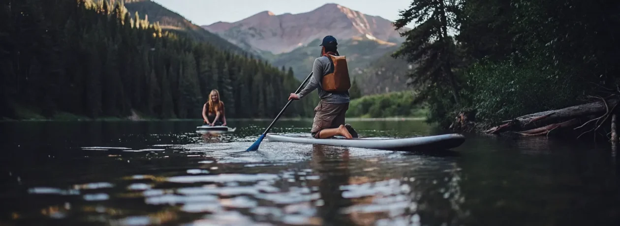 Beginner paddle boarder wearing a flotation device on a calm Colorado lake