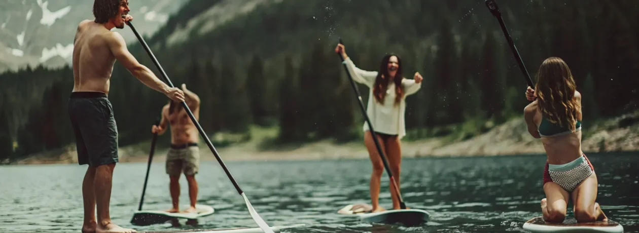 Group paddleboarding together on a Colorado mountain lake