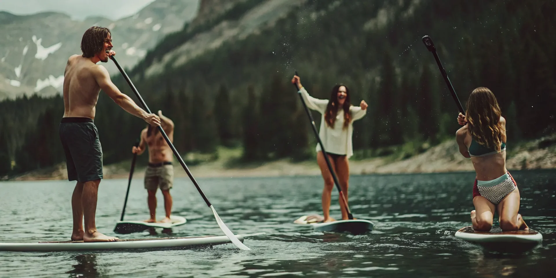 Group paddleboarding together on a Colorado mountain lake
