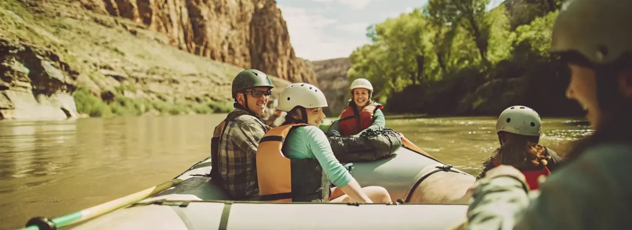 Family wearing river-ready gear while rafting in Colorado