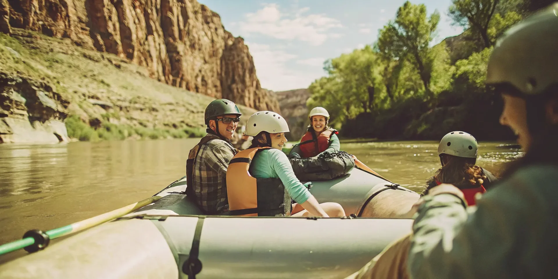 Family wearing river-ready gear while rafting in Colorado