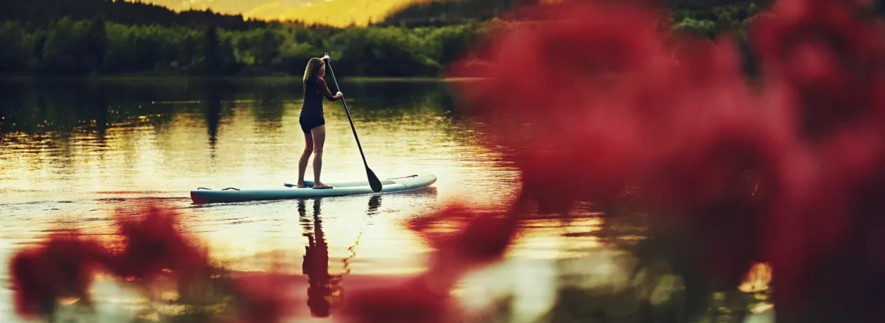 Stand up paddle boarder on calm Lake Dillon waters with snow-capped mountain peaks in Colorado at sunrise