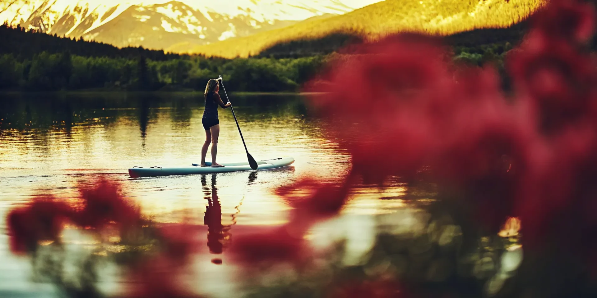 Stand up paddle boarder on calm Lake Dillon waters with snow-capped mountain peaks in Colorado at sunrise