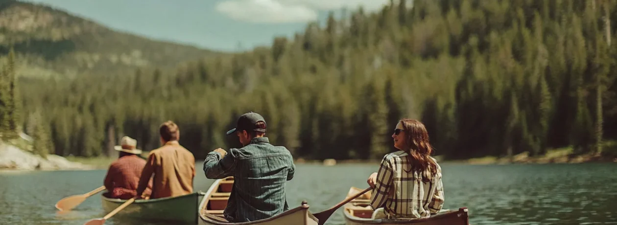 Kayakers paddling on a mountain reservoir surrounded by pine-covered peaks in Colorado