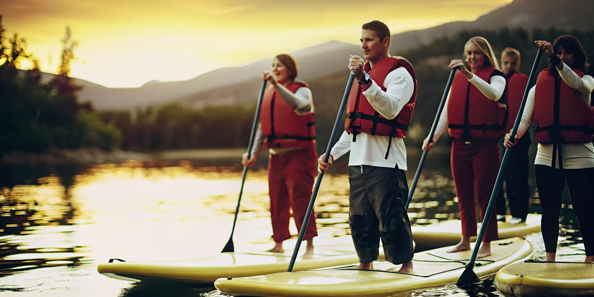 Corporate group stand-up paddleboarding on calm Lake Dillon at sunrise with mountain views