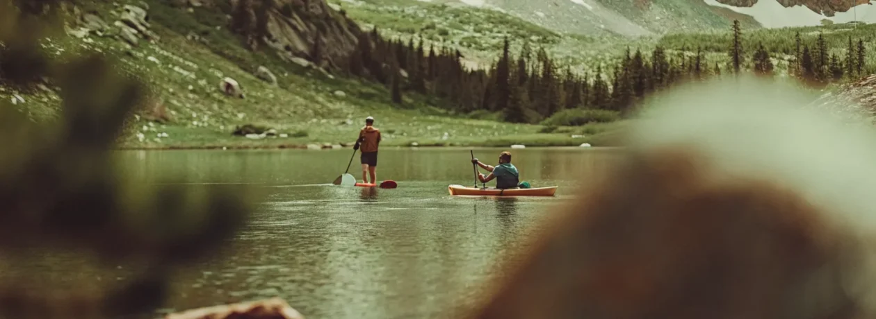 Kayakers and paddle boarders exploring Lake Dillon's alpine coves with Rocky Mountain views