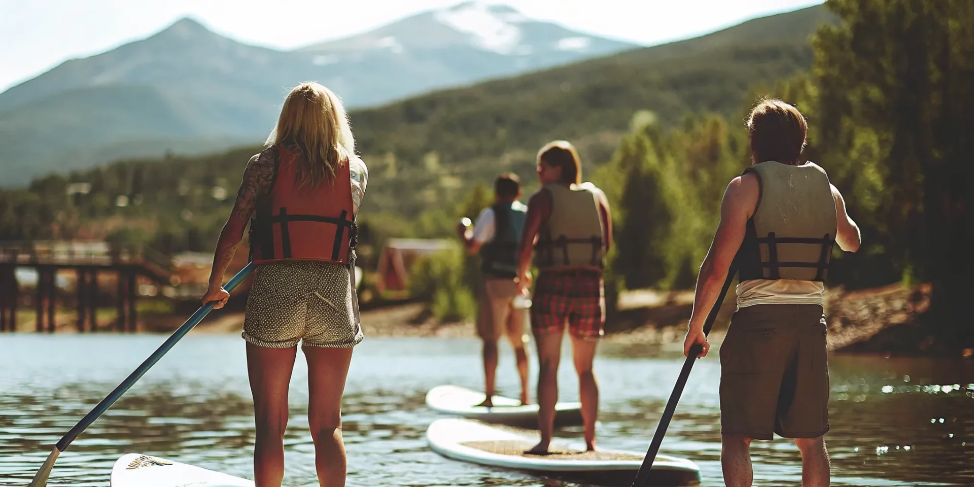 Group of friends stand-up paddleboarding on Lake Dillon with Colorado mountain backdrop