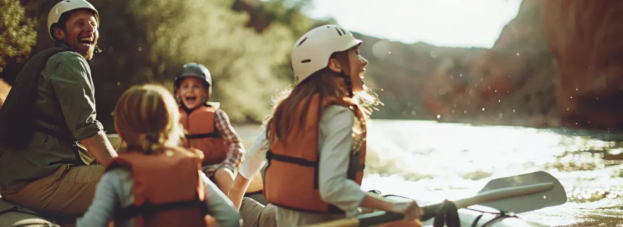 Family rafting on the Upper Colorado River near State Bridge with life jackets and helmets