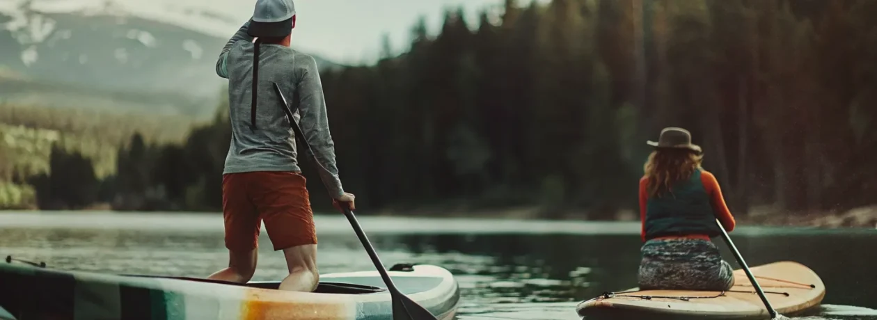 SUP board and kayak on Lake Dillon with mountain views