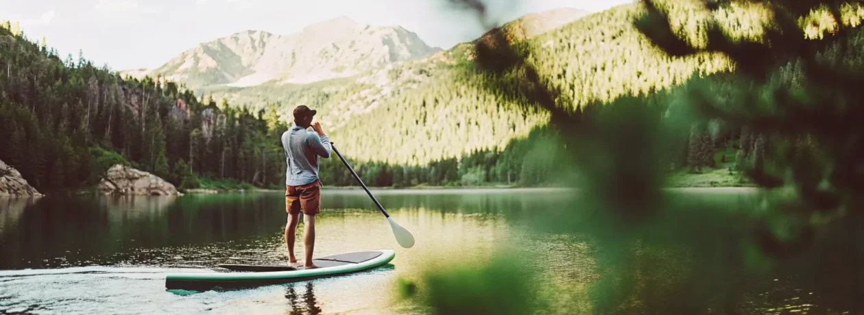 Person stand-up paddle boarding on a calm mountain lake in Colorado with Rocky Mountain peaks in the background