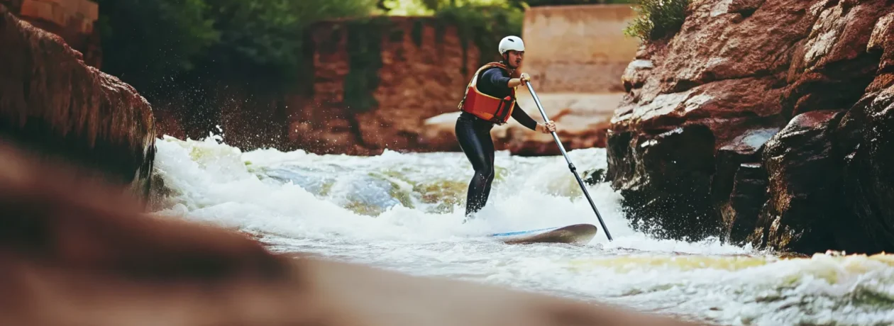 Stand up paddleboarder wearing safety gear navigating rapids on the Colorado River