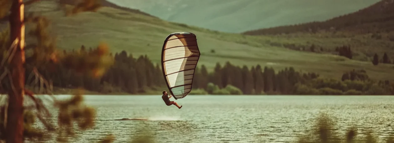 Wingfoiler gliding on Lake Dillon with Gore Range mountains at sunset