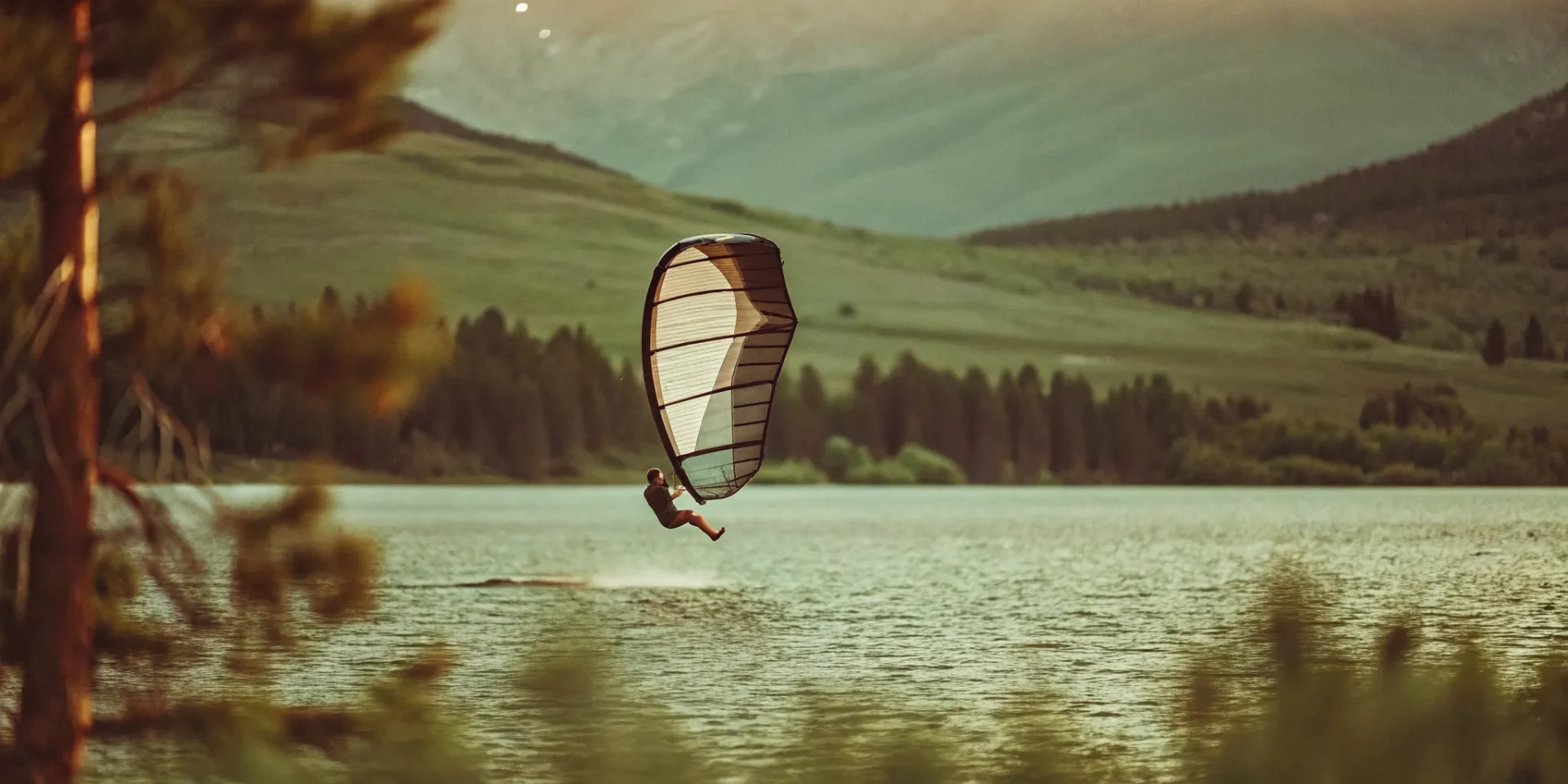 Wingfoiler gliding on Lake Dillon with Gore Range mountains at sunset