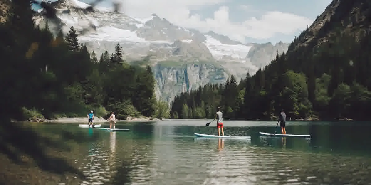 People stand-up paddleboarding on calm Lake Dillon waters with snow-capped Rocky Mountain peaks