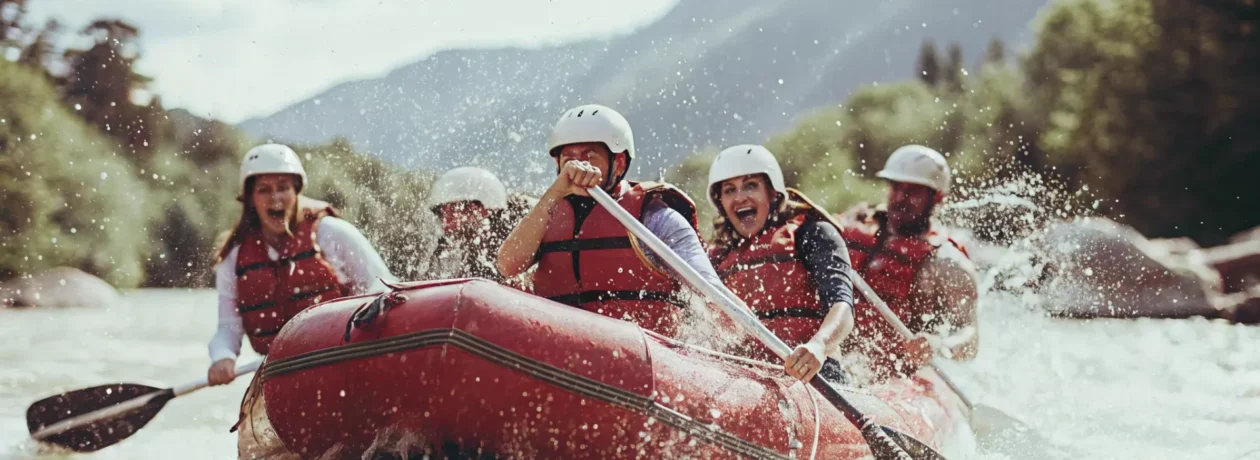 A group of first-time rafters in helmets and life jackets paddling a raft through gentle white water rapids on the Colorado River