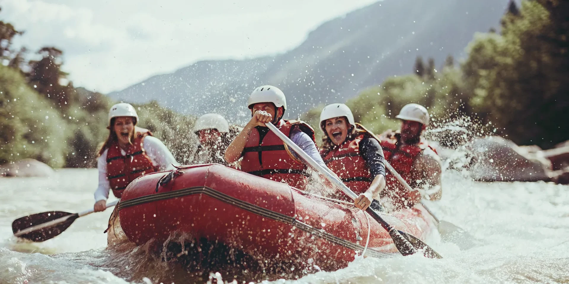 A group of first-time rafters in helmets and life jackets paddling a raft through gentle white water rapids on the Colorado River