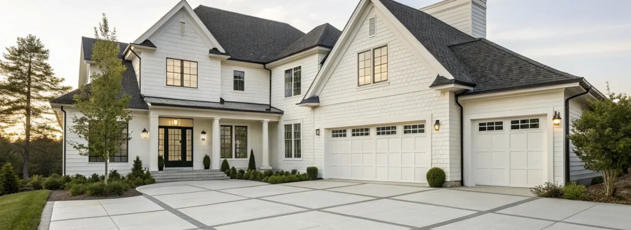Modern white house with a double garage, one of the many popular house styles.