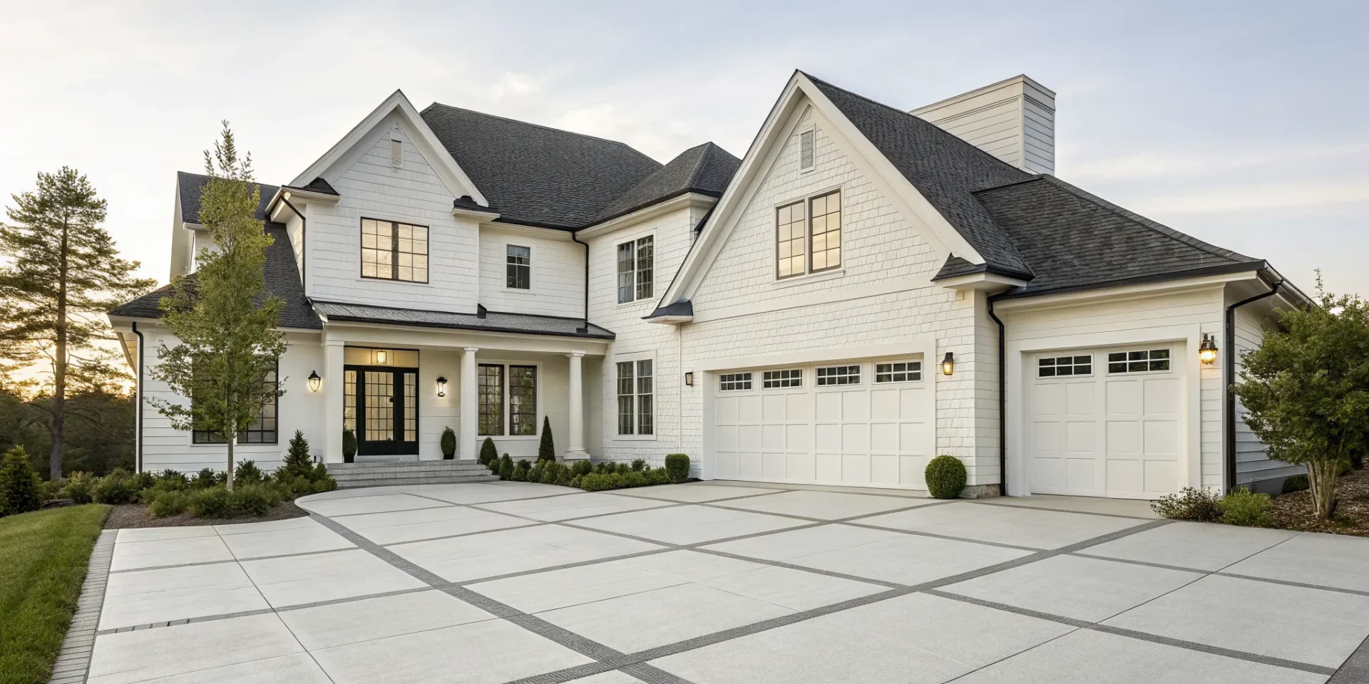Modern white house with a double garage, one of the many popular house styles.