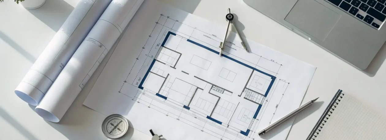 House blueprints on a desk with drafting tools and a laptop.