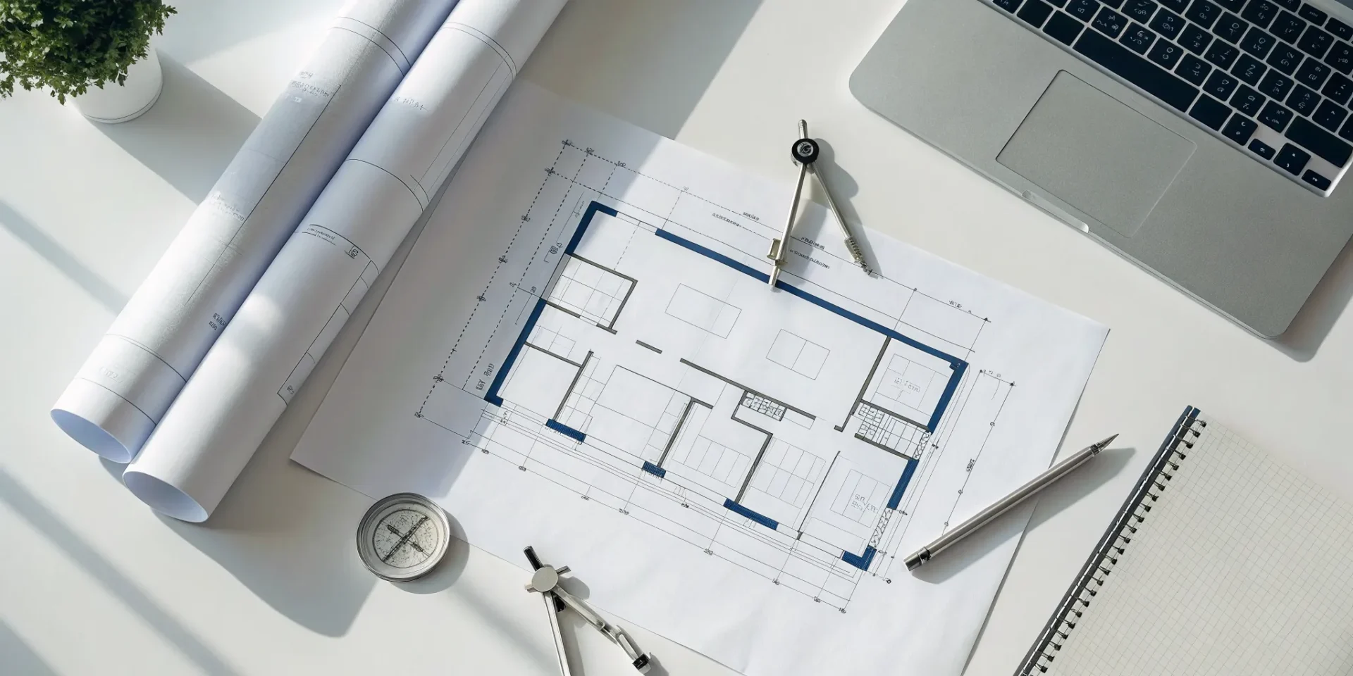 House blueprints on a desk with drafting tools and a laptop.