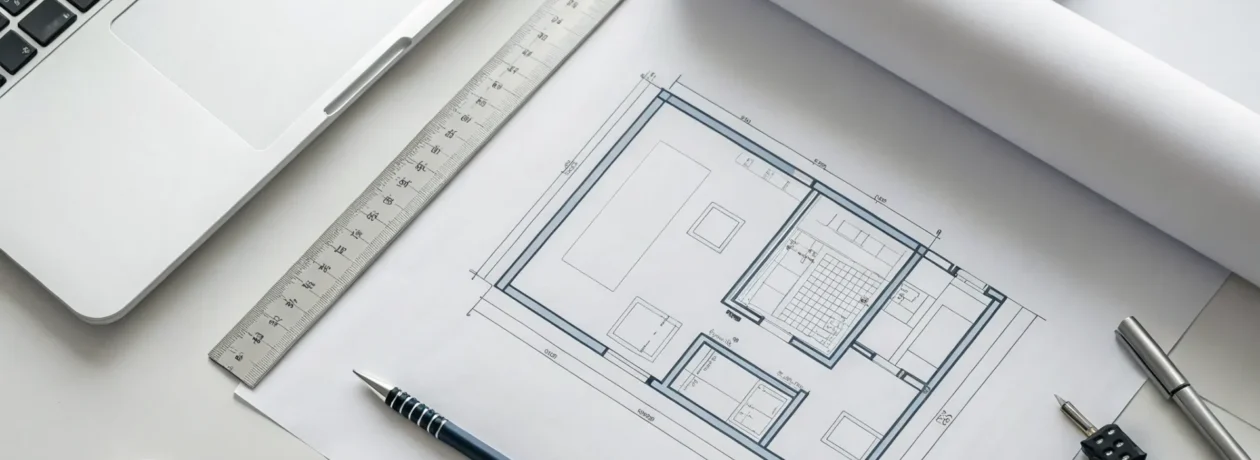 House floor plans laid out on a desk with a pen and laptop.