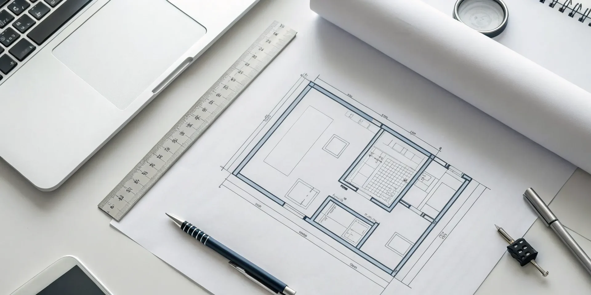 House floor plans laid out on a desk with a pen and laptop.