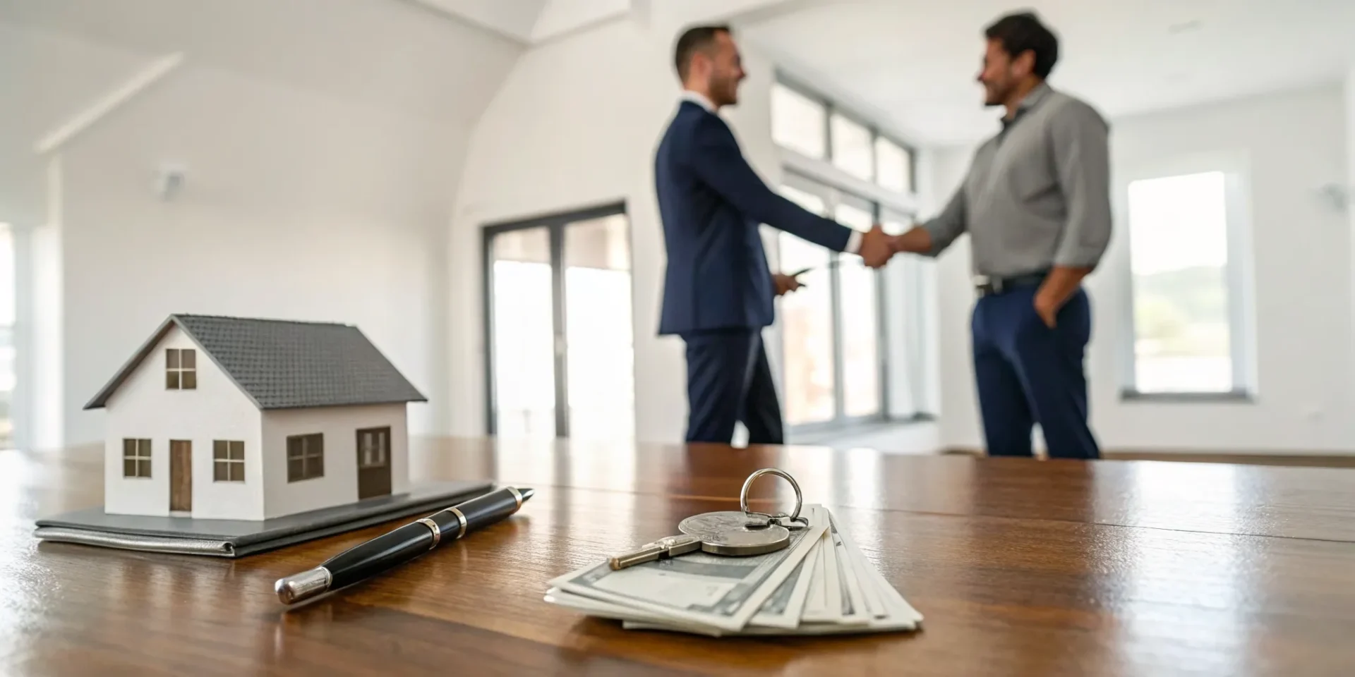 Finalizing a deal to sell my house for cash with a handshake over keys and money.